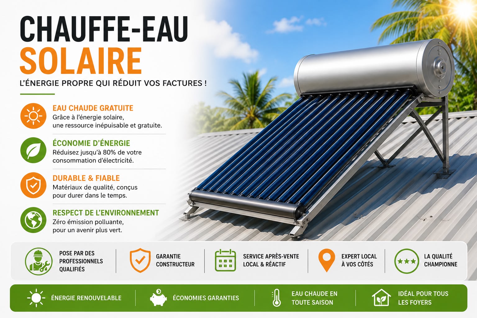 Chauffe-eau solaire Martinique installé sur toiture, l'énergie propre qui réduit vos factures
