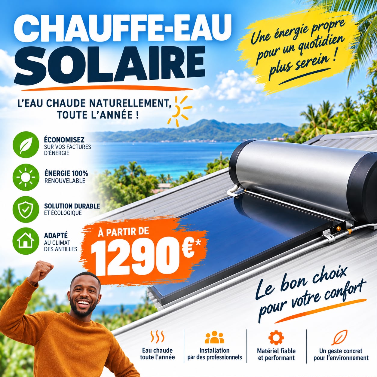 Chauffe-eau solaire Martinique à partir de 1290€ : eau chaude naturellement toute l'année
